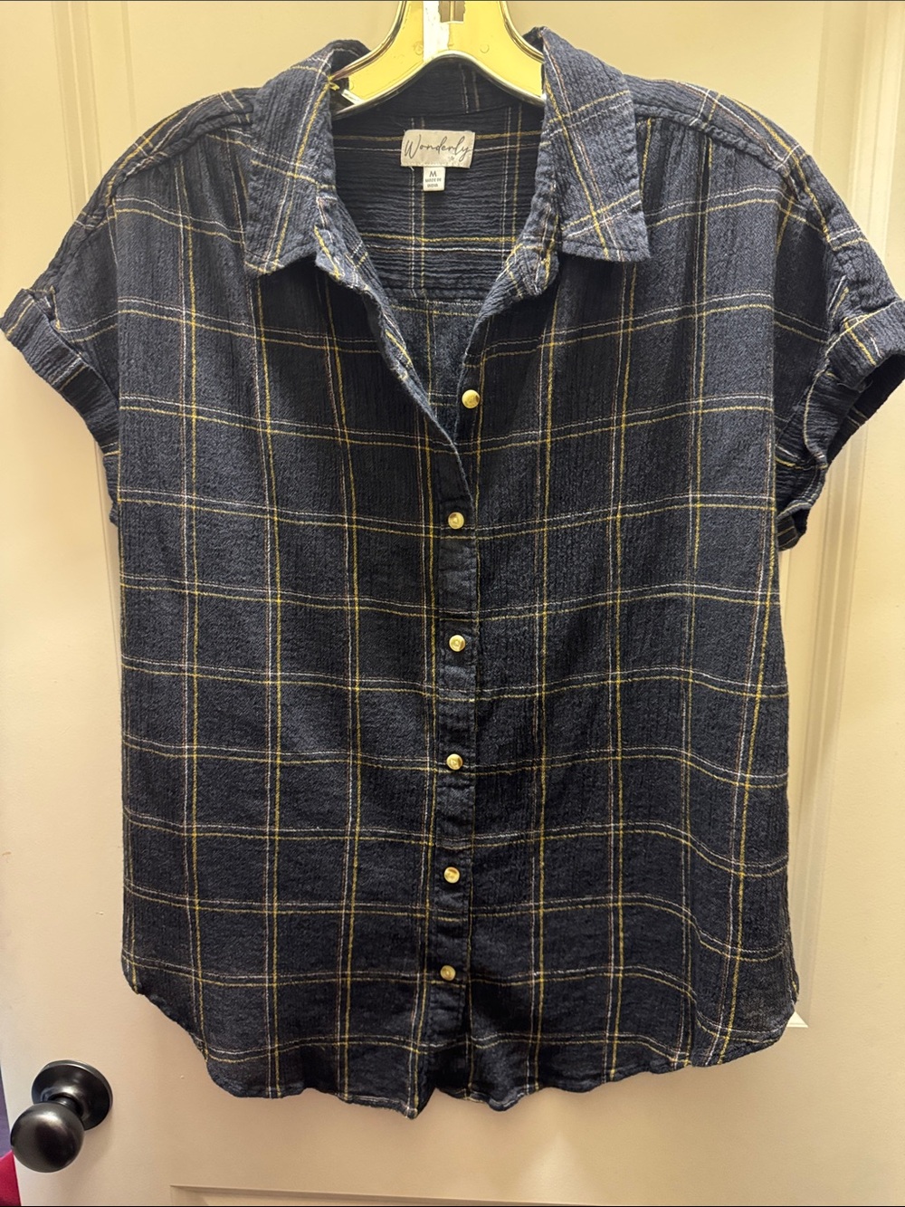 Wonderly Navy Plaid Short-Sleeve Button Down Top